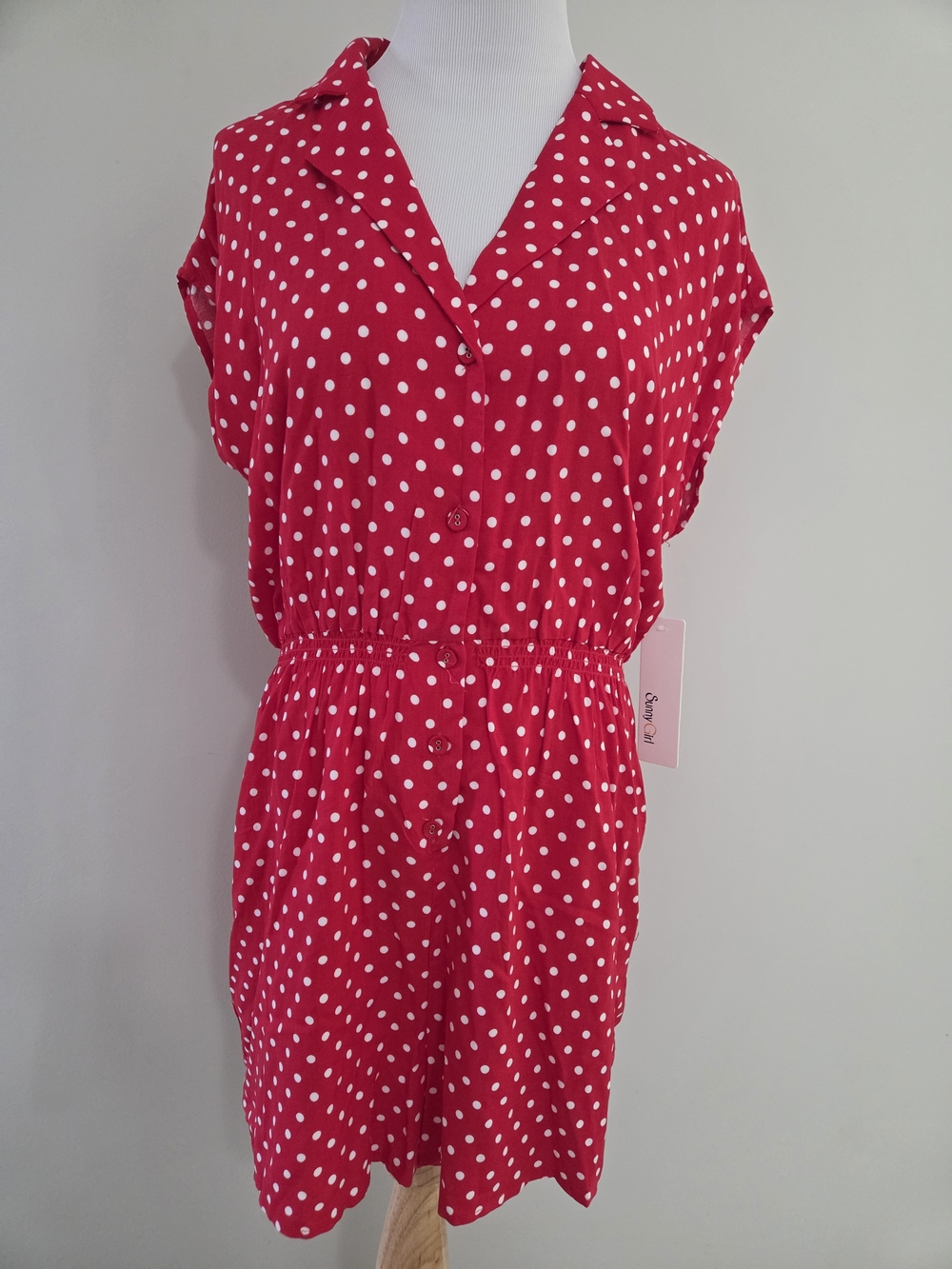 Sunny Girl Red Polka Dot Button Romper